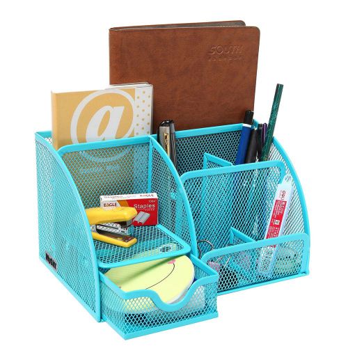 MyGift Multipurpose Turquoise Blue Metal Mesh 6 Compartment Desk Organizer Of...