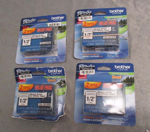 Lot of 4 Genuine BROTHER P-Touch Label pks TZe-2312PK 1/2&#034; Black on White Tape