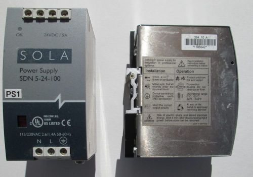 Sola SDN5-24-100 Power Supply 115/230VAC 2.6/1.4A 50-60Hz, 24VDC/5A