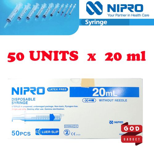 50 x 20ml Nipro Syringe Luer slip Tip Hypodermic Needle Sterile Latex Free 20cc
