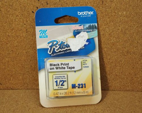 Brother  m Tape P-touch M-231 -  Black Print on White Tape - 1/2 in X 26.2 ft