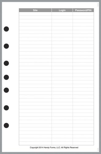 Login SignOn Password Form (5.5&#034;x8.5&#034;) for Day Runner, Franklin-Covey Notebooks