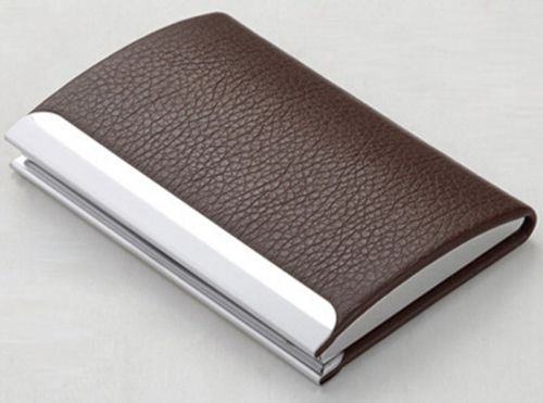 Gift New Leatherette Stainless Steel Business Name Card Holder Wallet Box Brown
