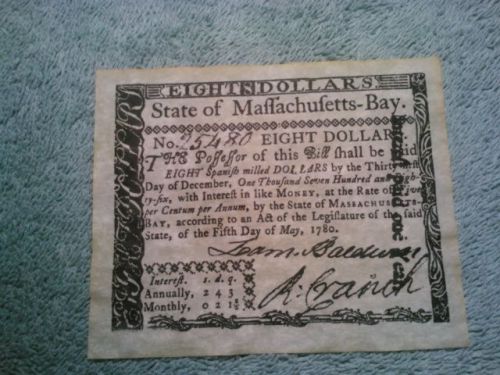 1780 Old Massachusetts $8 dollar antiqued note bill bank look &amp; feels real copy