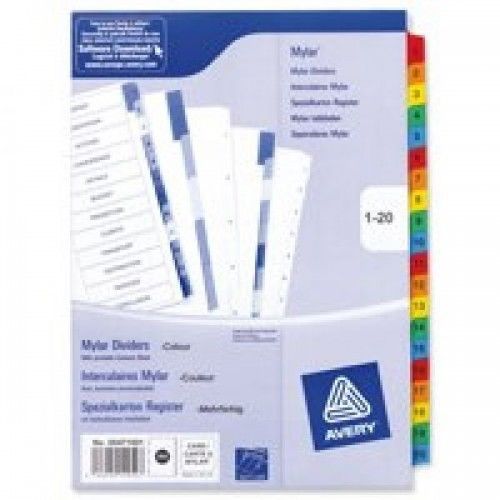 Avery mylar dividers multipunched coloured mylar tabs 1-20 a4 white fsc code 054 for sale