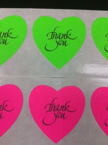 200 Heart Shaped Thank You Sticker Neon Pink Green 1 3/8&#034; Label Fragile Craft