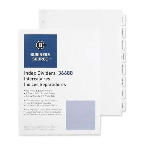 BSN36688 Index Dividers, 3HP, 8-Tab, 5 ST/PK, 11&#034;x8-1/2&#034;, White