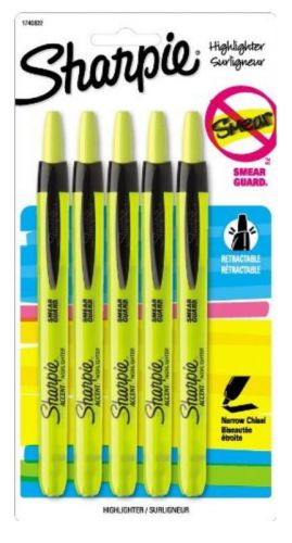 Sharpie Retractable Highlighter Yellow Ink Narrow Chisel Tip Smear Guard 5pk