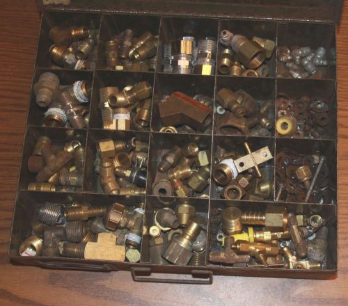 200 brass pipe fittings w/ Vintage Metal box Plumber Selection