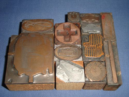 Lot of 12 antique printing blocks - zinc &amp; copper on wood VHTF