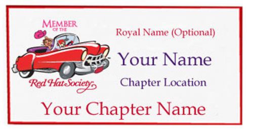 S8 RED HAT SOCIETY PERSONALIZED NAME BADGE W/ PREMIUM MAGNET FASTENER ON BACK
