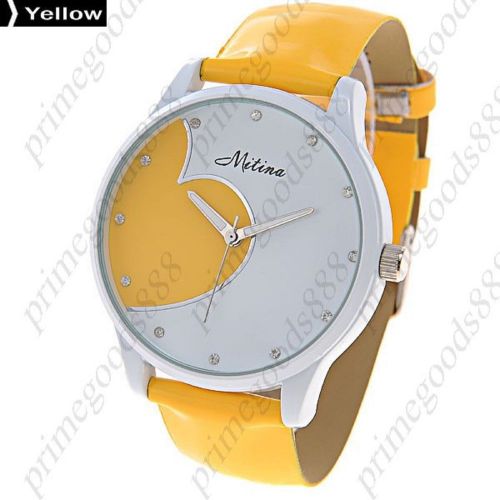 Round Shiny Analog Leather Lady Ladies Wrist Quartz Wristwatch Women&#039;s Yellow