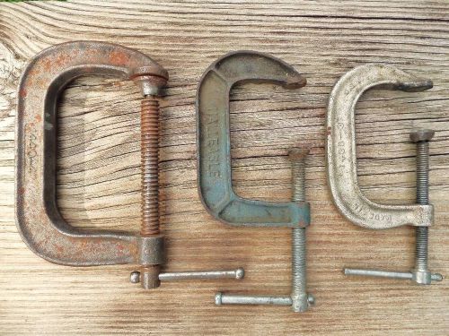 Vintage Lot of 3 Adustable Mteco Iron C Clamps Wood Metal Handyman (1) 4&#034; (2) 3&#034;