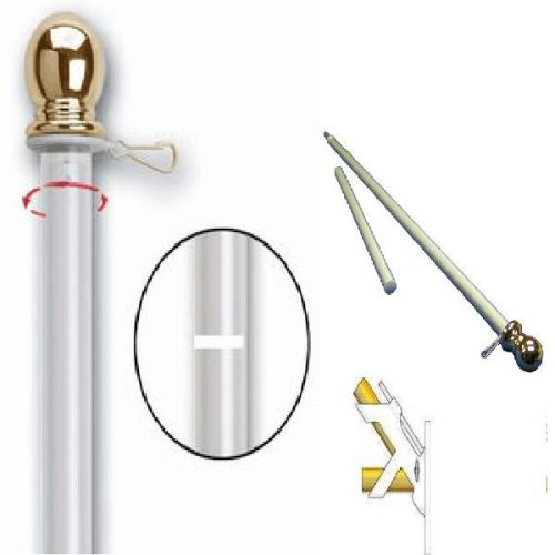 Tangle free! - 6ft. 2- piece white aluminum spinning flagpole- w/ 2-way bracket for sale