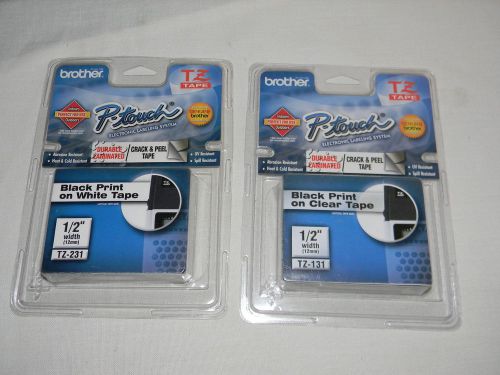 2 Brother PTouch Black Print on Clear &amp; White TZ Tape 1/2&#034; width TZ-131 TZ-231