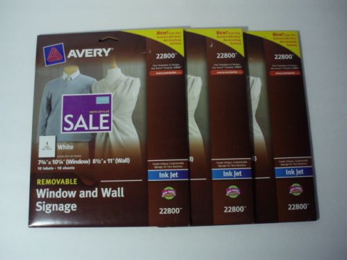 Lot of 3 Avery 22800 Removable Window and Wall Signage, Ink Jet, 30 Signs NIP