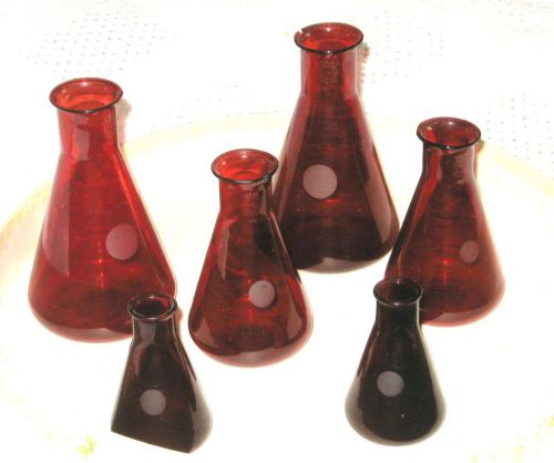 Lot of 6 Old PYREX Ruby Red Glass Chemist Pharmacy Flasks Lab Bottles