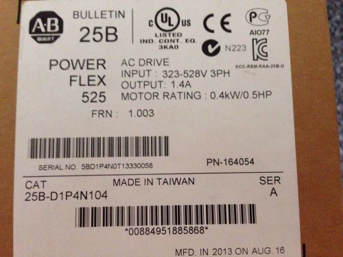 New Powerflex 525, 480VAC, 1/2HP, Catalog 25B-D1P4N104