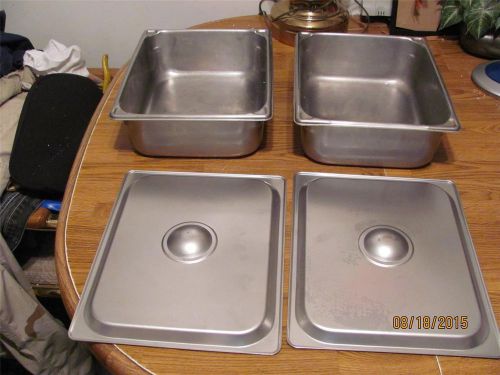 2 COMMERCIAL VOLLRATH STAINLESS STEAM TABLE SUPER  PANS HALF X 4&#034;DEEP+2 LIDS-GUC