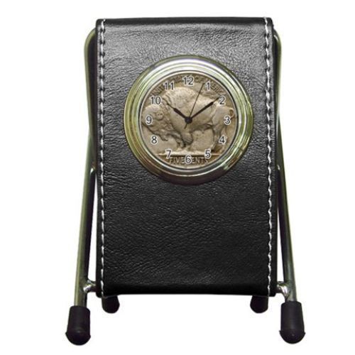 Custom Buffalo Nickel Coin Leather Pen Holder Desk Clock (2 in 1)