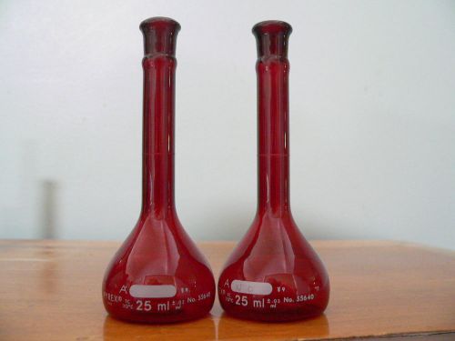 VOLUMETRIC FLASKS, LOT OF 2, vintage, Low-Actinic Red 25 mL Class A, Corning