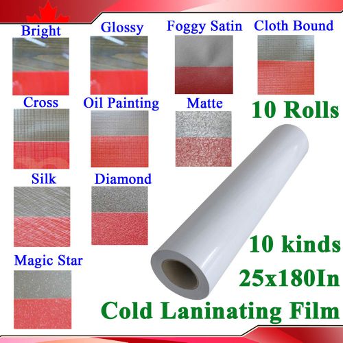 10 Kinds 10 Rolls 25X180&#034; PVC Cold Laminating Vinyl Adhesive Gum Film Laminator