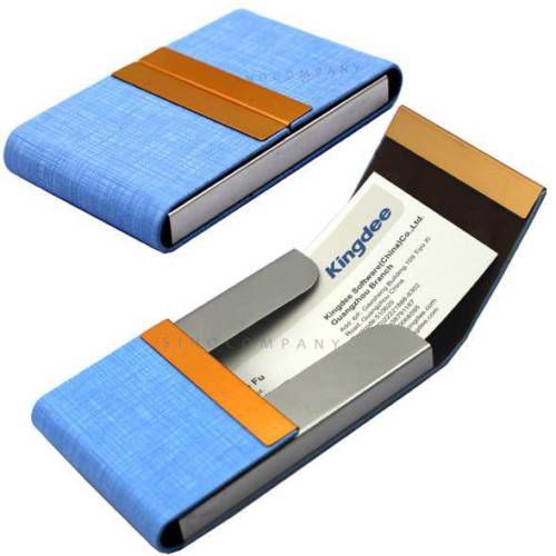 Blue Leatherette Office Business Name Credit ID Card Holder Case C64