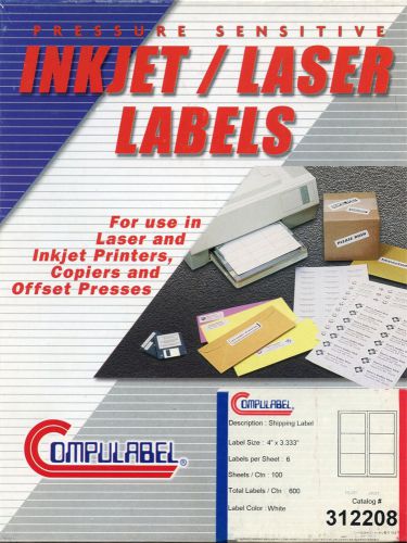 Inkjet/Laser Shipping/Address Labels 4 x 3 1/3 box of 600 labels / 100 sheets