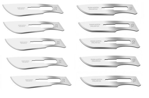 Set of 10 Swann Morton Sterile Carbon Steel Surgical Scalpel Blades #10 #22