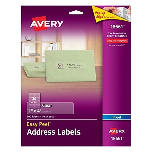 Avery Easy Peel Clear Shipping Labels for Inkjet Printers, 1 x 4 Inches, Pack of