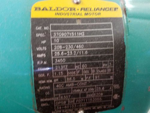 10HP 3450RPM 3 PHASE 213TZ ODSB  Baldor Electric Motor