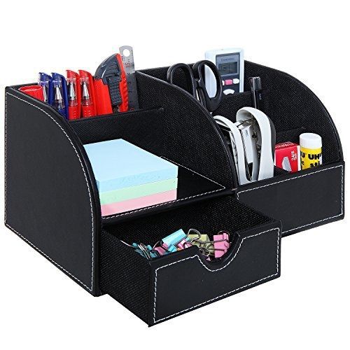 MyGift Deluxe Modern Black Leather Multi Compartment Office Desktop Supply