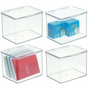 mDesign Stackable Plastic Office Storage Organizer Box with Lid, 4 Pack - Clear