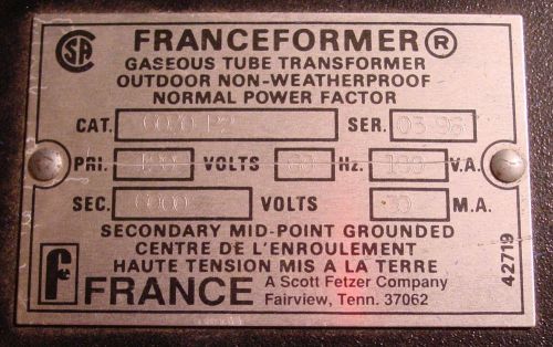 Neon Transformers - France - CAT. NO. 6030P2 - 120V 60Hz 180VA 6000V 30mA - Outd