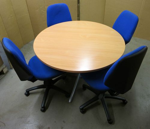 Beech Wood Circle Boardroom Meeting Table and 4x Herman Miller Blue Office Chair