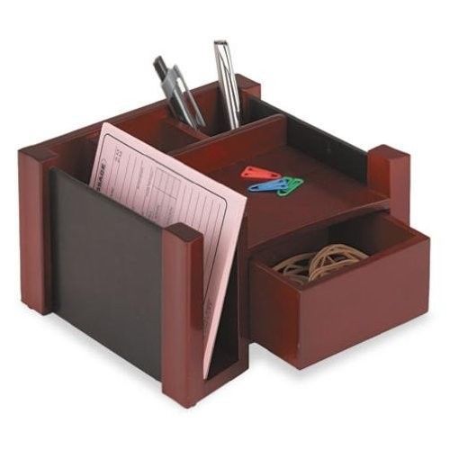 Mahogany Wood &amp; Black Faux Leather Desktop Organizer Director Home Office NEW