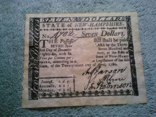 1780 Old New Hampshire $7 dollar antiqued note bill bank look &amp; feels real copy