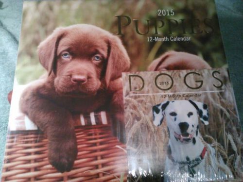 2 New Puppies12 Month Calendar 2015 Office work job home 11&#034;X 12&#034;Free 6&#034;X6&#034; Dogs