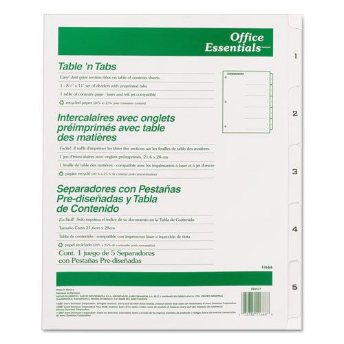 Office Essentials Table &#039;N Tabs Dividers, 5-Tab, 1-5, Letter, White, 1 Set
