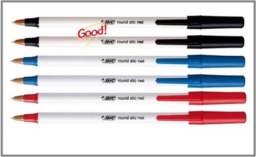 BIC® Round Stic® Ballpoint Pens, 1.0 mm, Medium Point, White Barrel, 6 pens