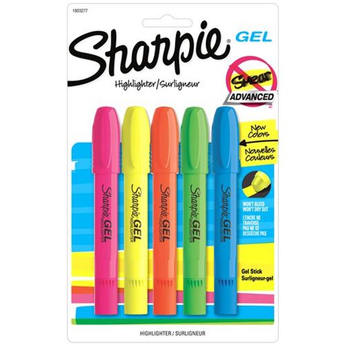 NEW Sharpie Gel Stick Highlighter 5pk Asst Yellow Pink Orange Green Blue 1803277