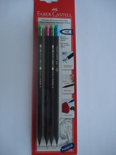 Faber-Castell 4x Natural Black Wood Pencils With Color Erasers