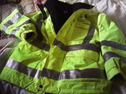 Safety heavy waterproof florescent jacket with zip in fleece lining size X Large
