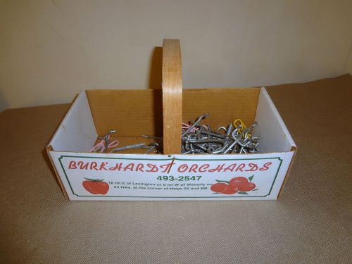 Lot of 4 1/2&#034; peg hooks &amp; vintage burkhardt orchard picking basket for sale
