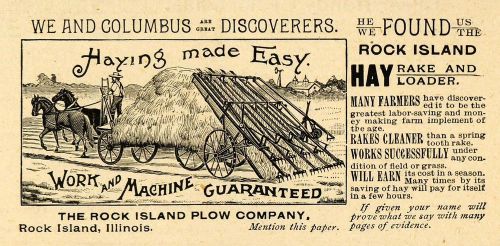1893 Ad Rock Island Horse Plow Hay Rake Loader Farming Equipment AAG1
