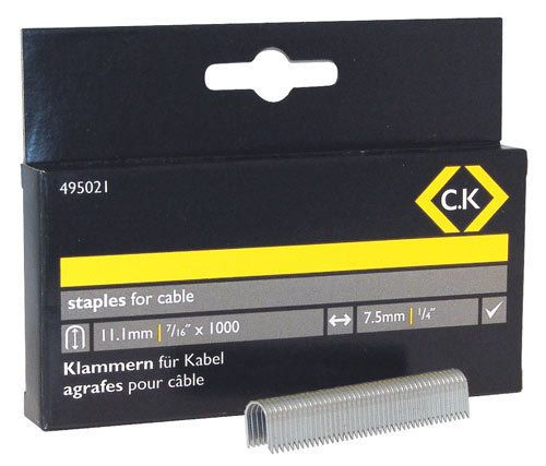 CK Cable Staples 7.5mm Wide x 11.1mm Deep Box Of 1000 for T6227 Tacker 495021