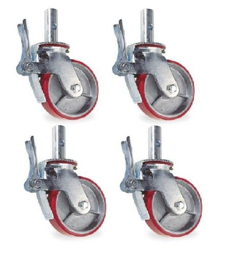 Set of 4 scaffold casters with 8&#034; x 2&#034; red polyurethane on steel wheels &amp; brakes for sale