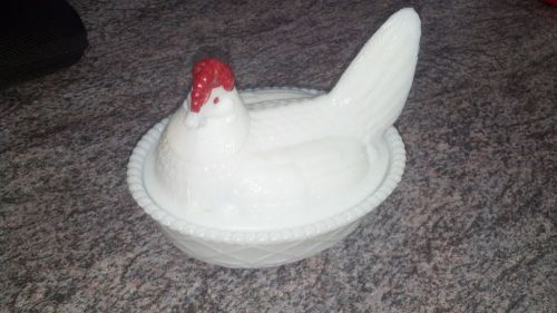 Milk Glass Hen Chicken On Nest Basket Dish
