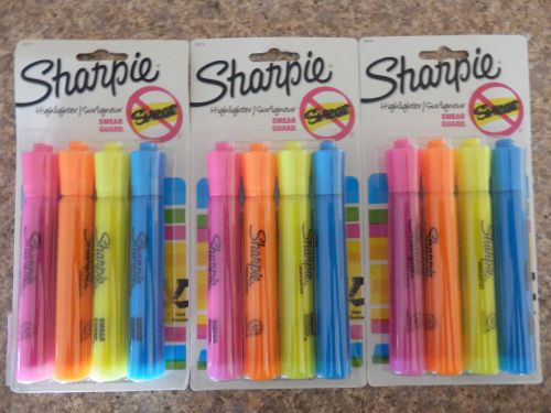 3 SHARPIE HIGHLIGHTERS Assorted Colors 4pack Smear Guard Chisel tip *