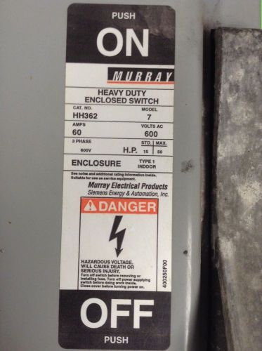 Murray Heavy Duty Switch Cat No HH362 Model 7 3 Phase 60A 600VAC